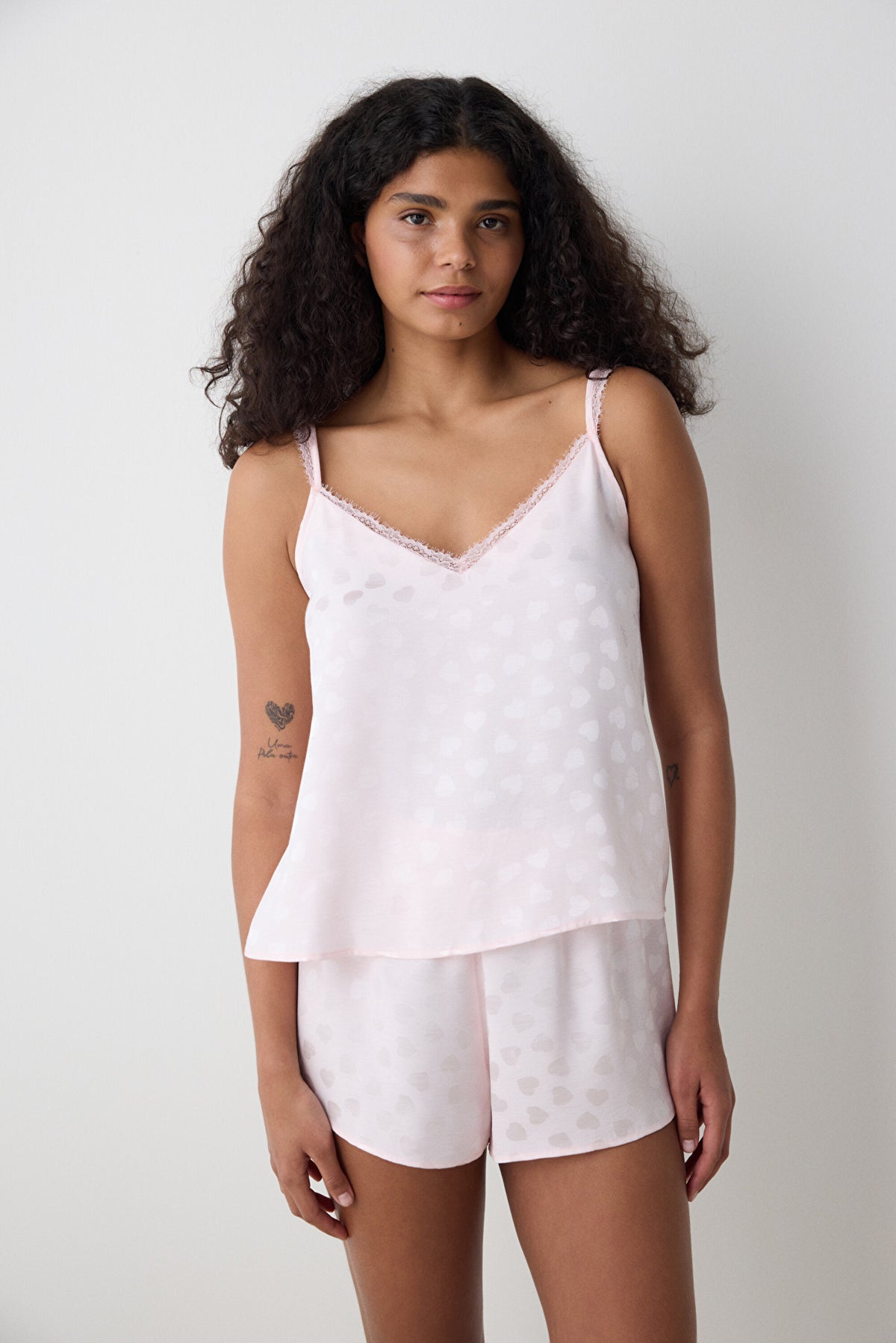 Pink Heart Satin Shorts Pajama Set - Penti Loves Paris Collection