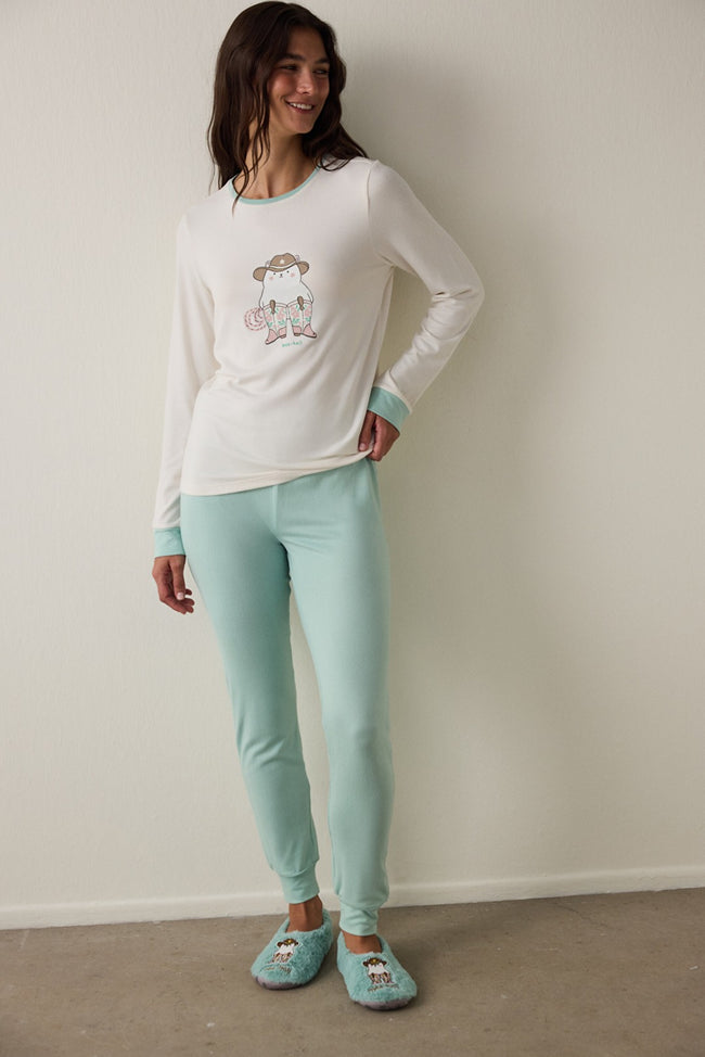 Gardenya Sleep-In Slogan Printed Crew Neck Long Sleeve Pajama Set Hover Image