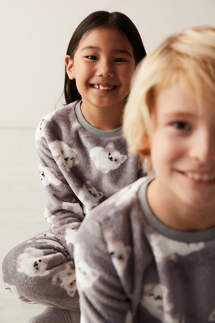 Unisex Kids Cat Printed Gray Pajama Set