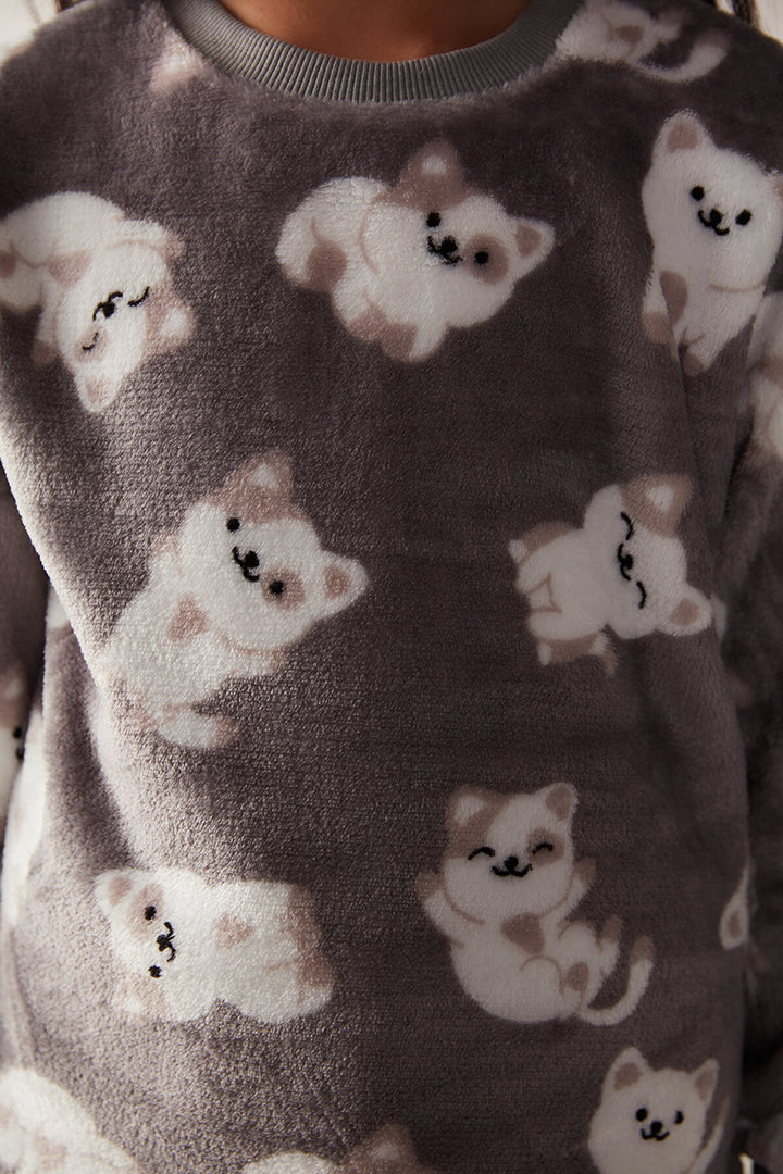 Unisex Kids Cat Printed Gray Pajama Set