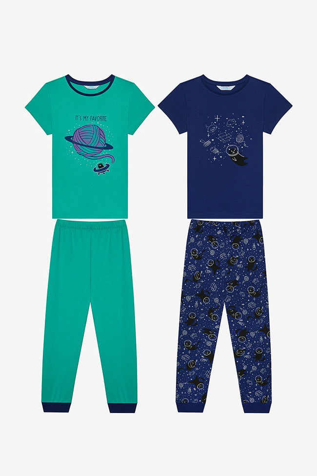 Boy Cat Galaxy 2-Piece Multicolored Pajama Set Hover Image