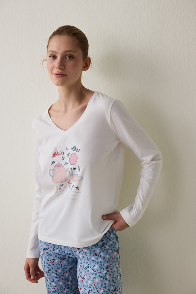 Cup of Tea Patterned V-Neck Cotton Long Sleeve Pajama Set Main Image