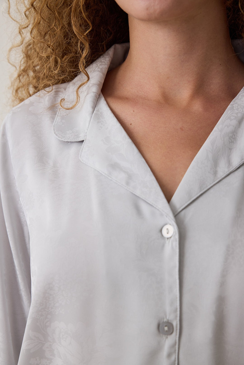 Light Grey Roses Satin Long-Sleeve Shirt Collar Pajama Set