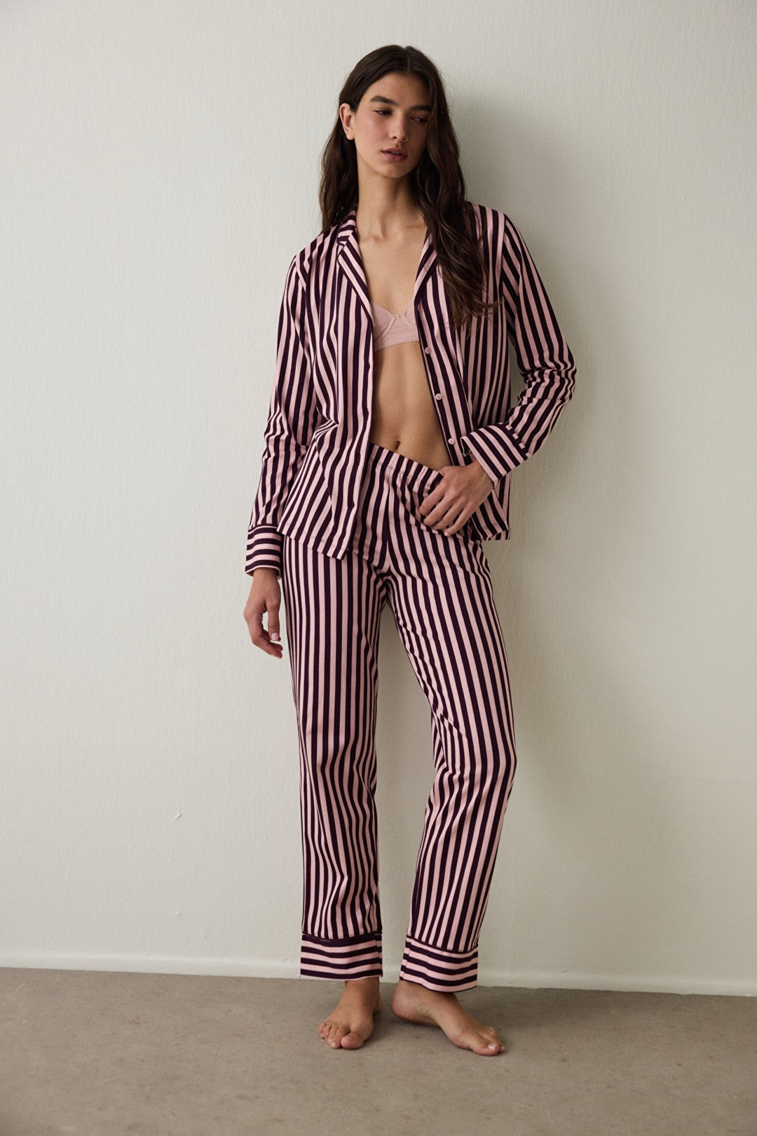 Pink Maroon Striped Shirt Collar Cotton Pajama Set