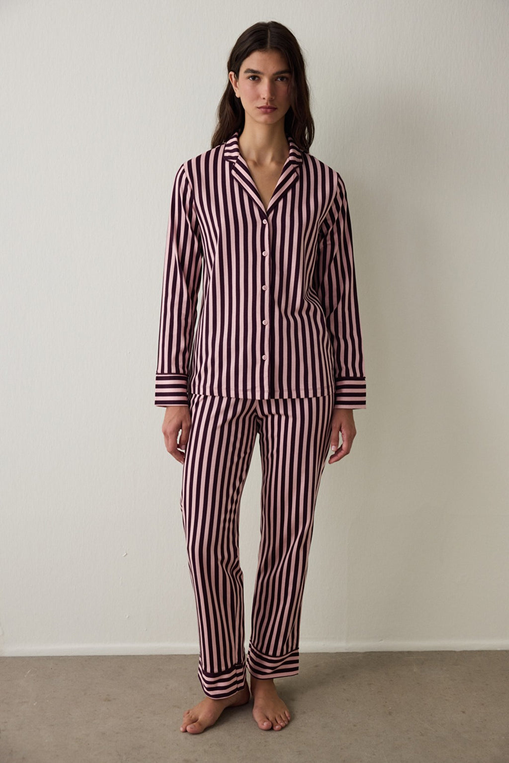 Pink Maroon Striped Shirt Collar Cotton Pajama Set