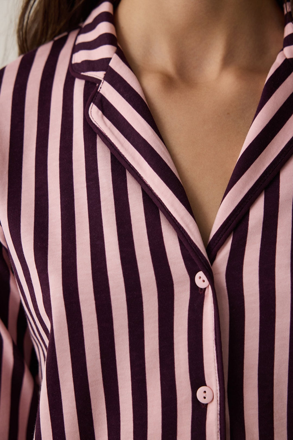 Pink Maroon Striped Shirt Collar Cotton Pajama Set