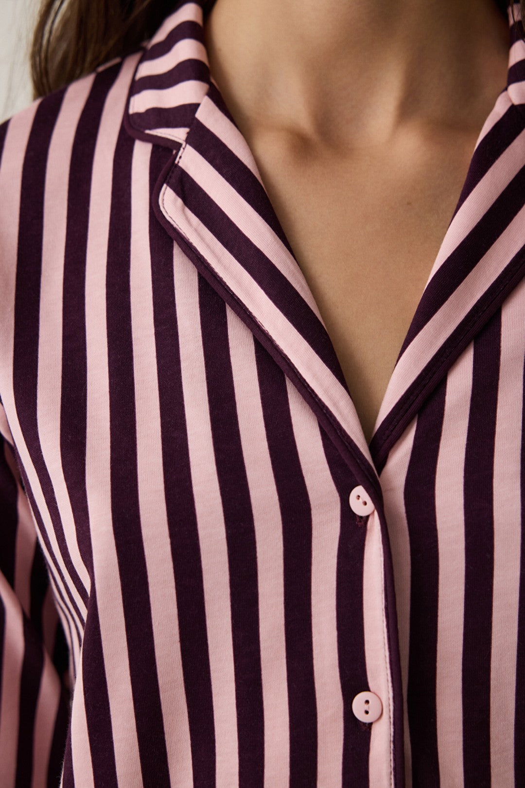 Pink Maroon Striped Shirt Collar Cotton Pajama Set