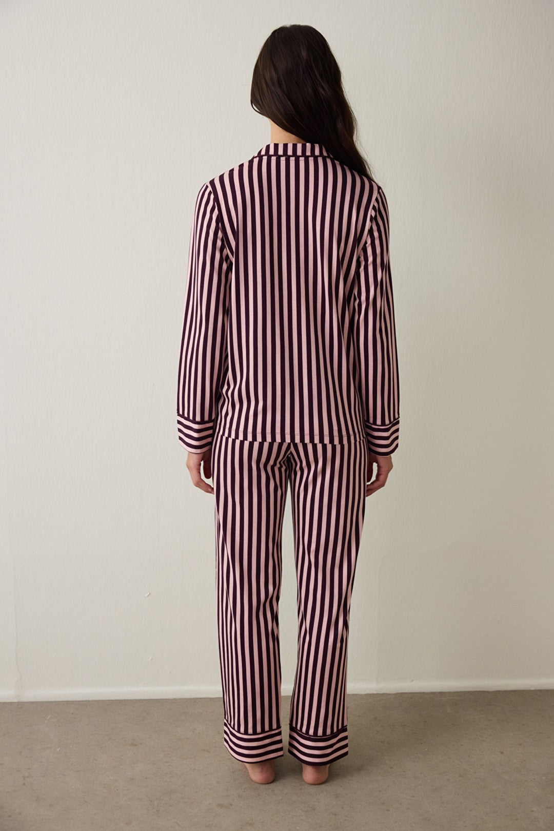 Pink Maroon Striped Shirt Collar Cotton Pajama Set