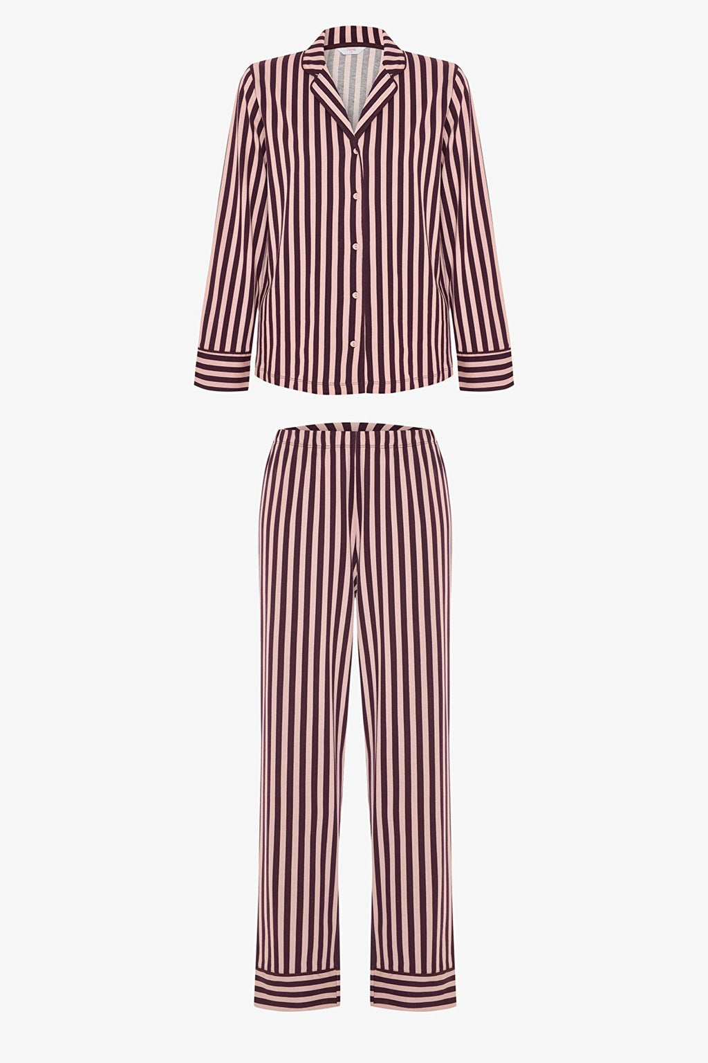 Pink Maroon Striped Shirt Collar Cotton Pajama Set