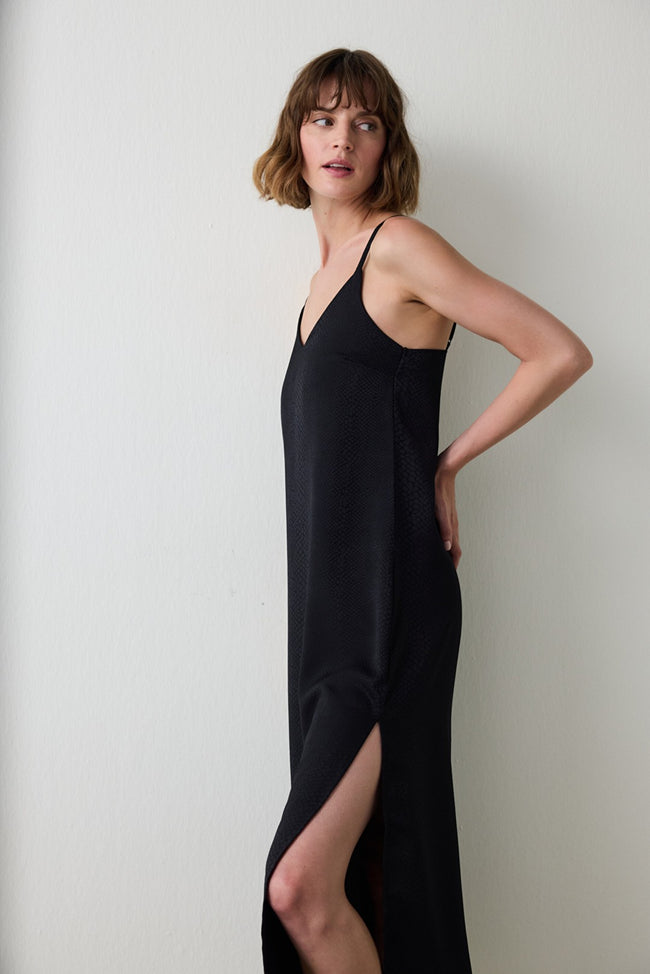 Black Fleur Satin V-Neck Adjustable Strap Long Nightgown Hover Image