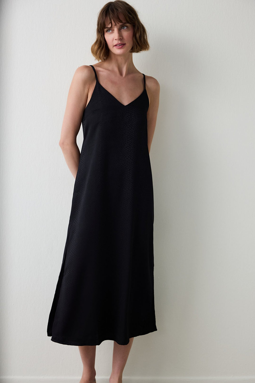 Black Fleur Satin V-Neck Adjustable Strap Long Nightgown