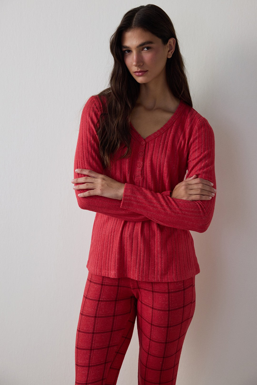 Red Cozy Time Plaid V-Neck Pajama Set