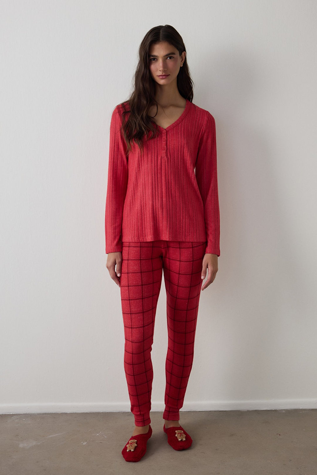 Red Cozy Time Plaid V-Neck Pajama Set