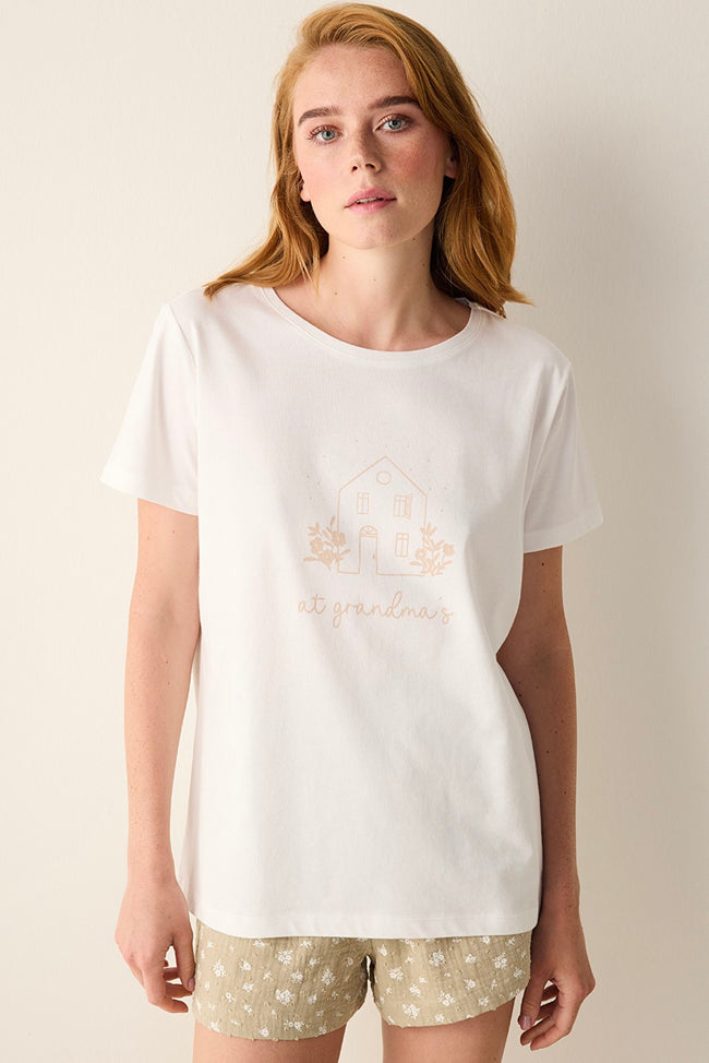 Floral Off White T-Shirt Pajama Top Hover Image