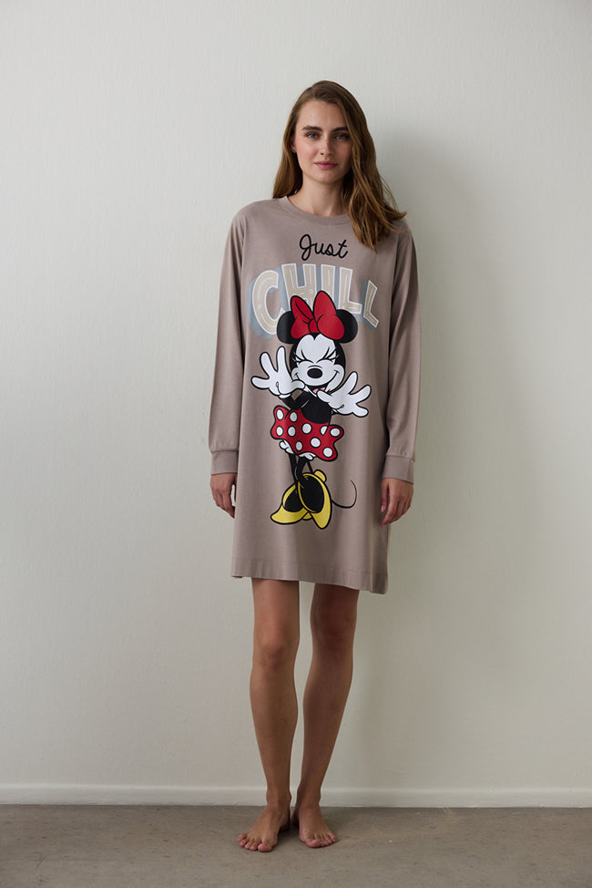 Dark Beige Just Chill Mickey Mouse Printed Cotton Long Sleeve Nightgown Hover Image