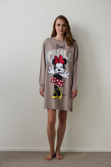 Dark Beige Just Chill Mickey Mouse Printed Cotton Long Sleeve Nightgown