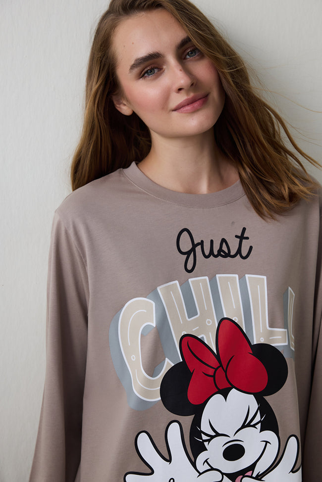 Dark Beige Just Chill Mickey Mouse Printed Cotton Long Sleeve Nightgown Main Image