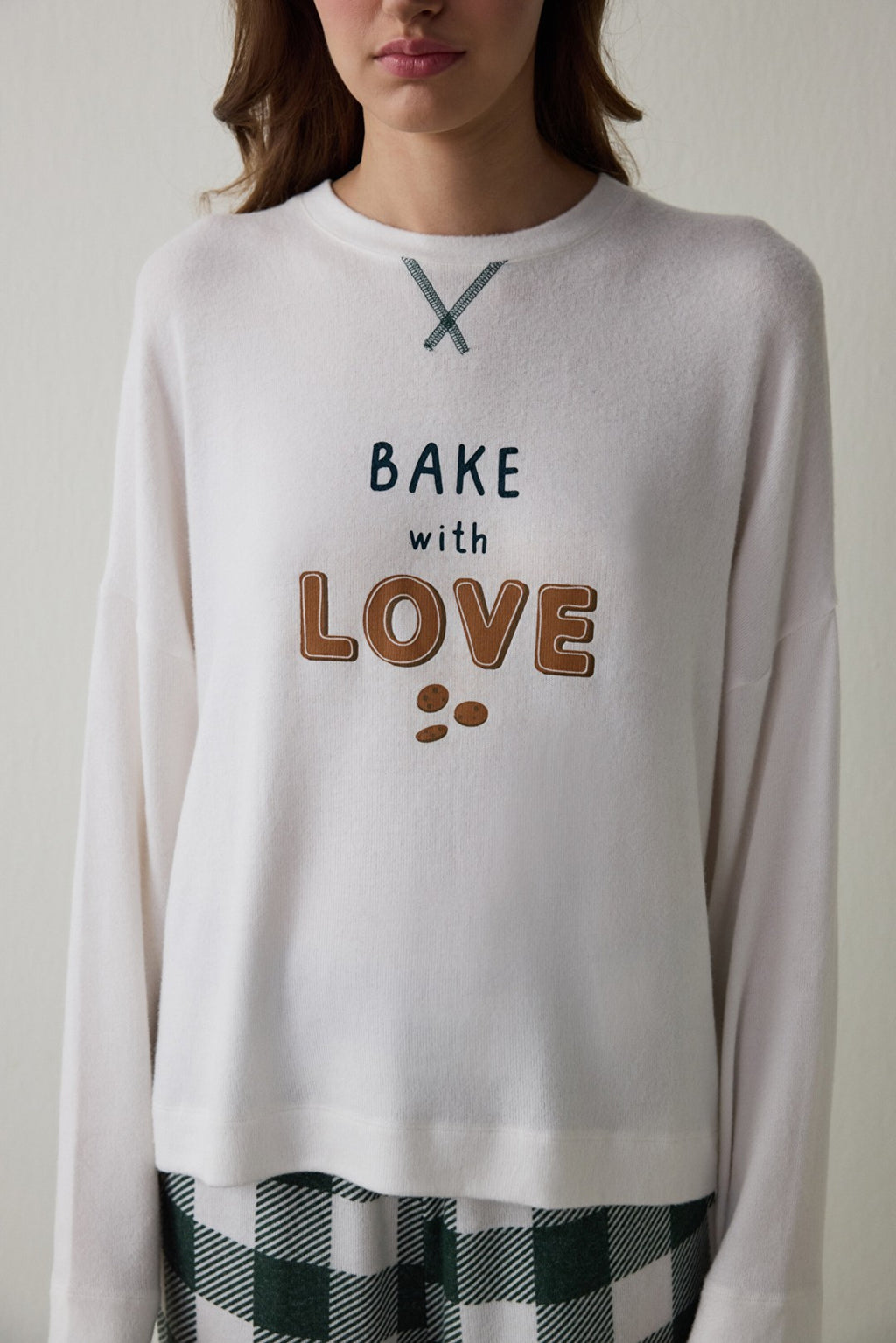 Off-White With Love Slogan Print Thermal Sweatshirt Pajama Top