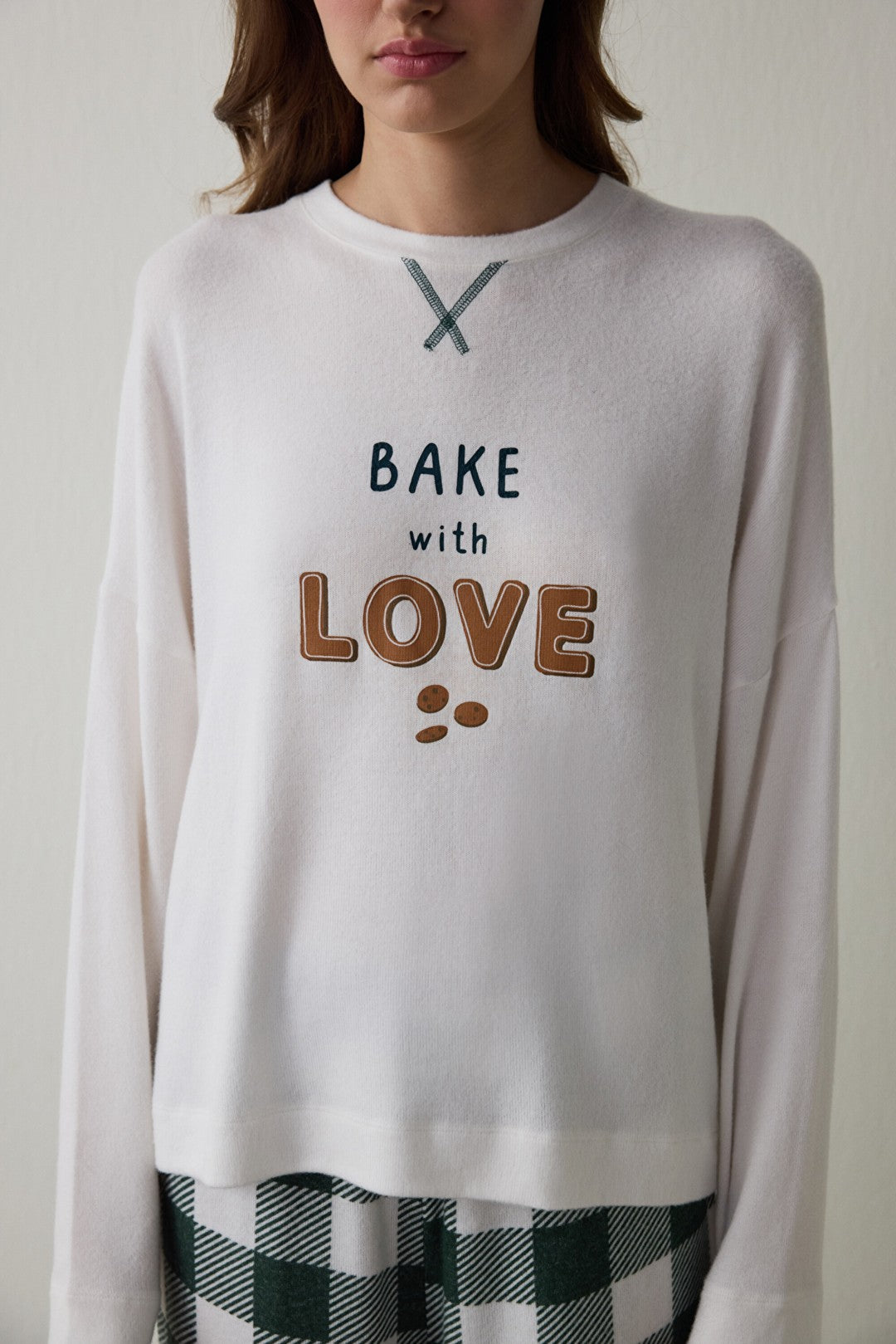 Off-White With Love Slogan Print Thermal Sweatshirt Pajama Top