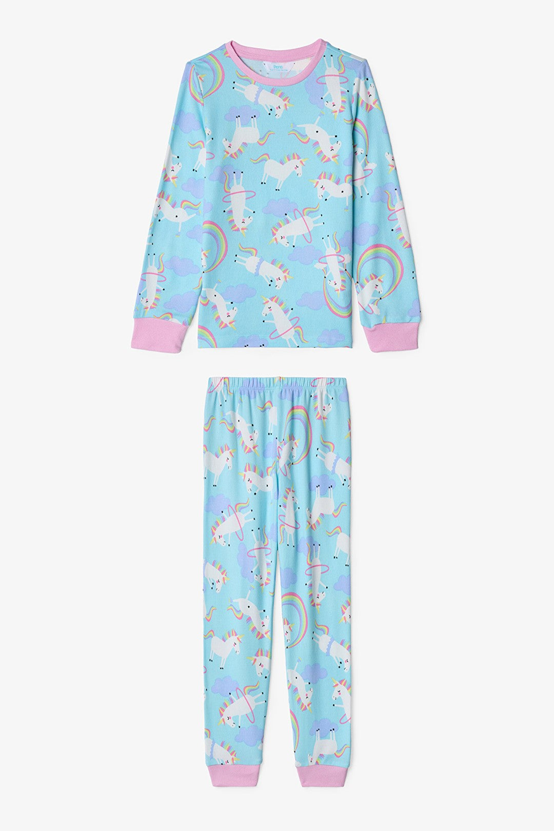 Light Blue Girls Unicorn Patterned Pajama Set
