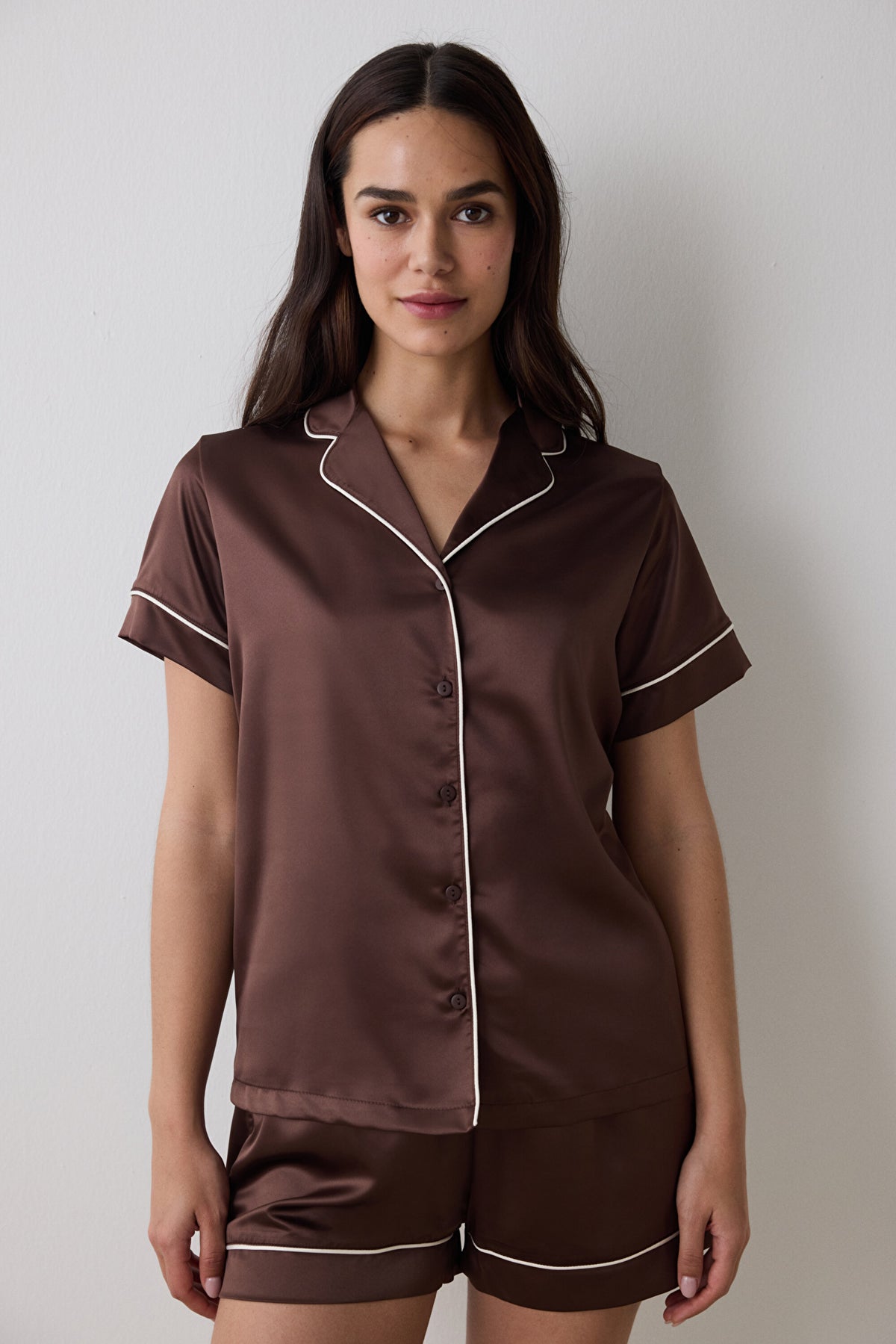Lilah Satin Shirt Shorts Brown Pajama Set