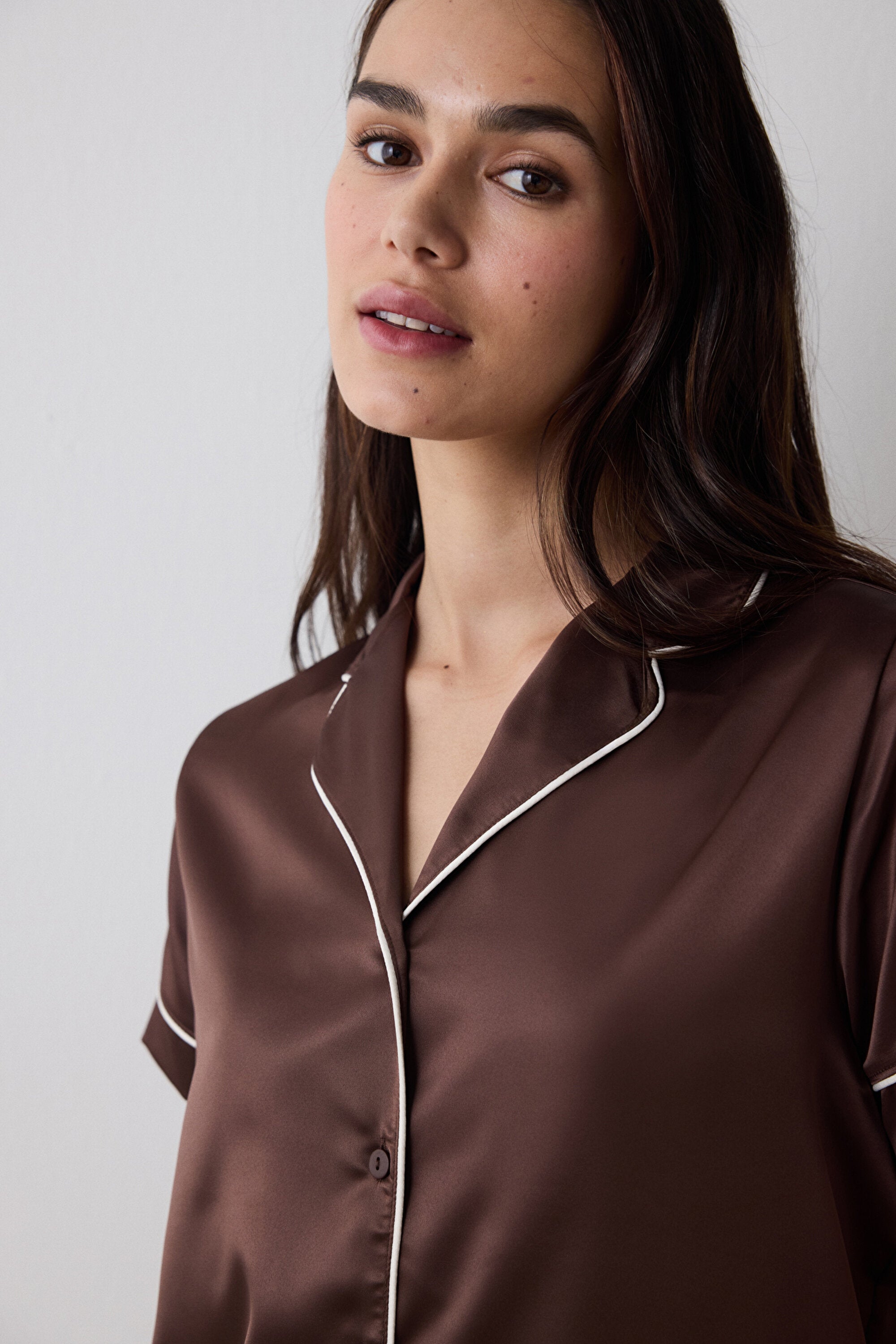 Lilah Satin Shirt Shorts Brown Pajama Set