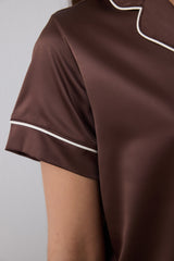 Lilah Satin Shirt Shorts Brown Pajama Set