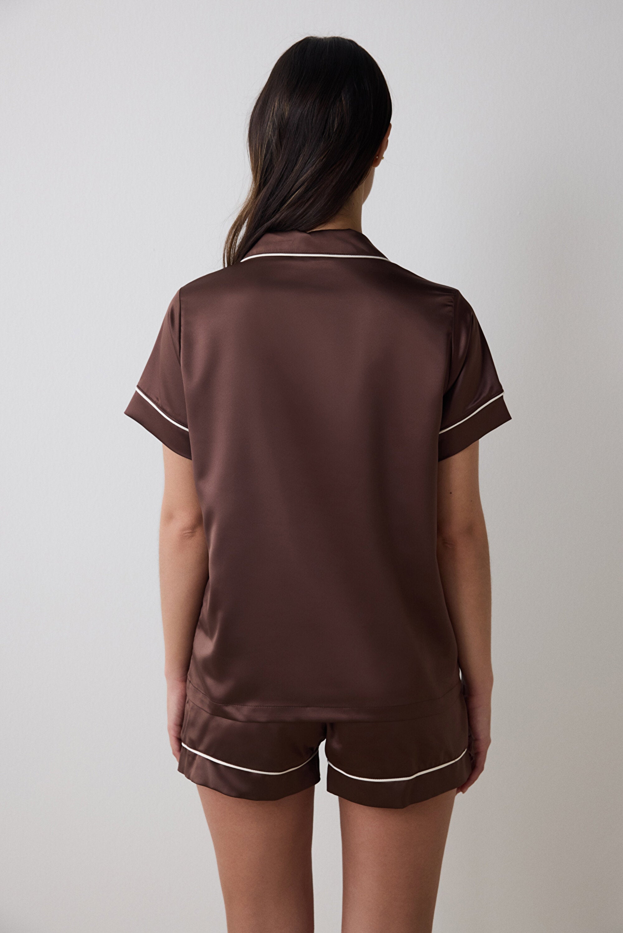 Lilah Satin Shirt Shorts Brown Pajama Set