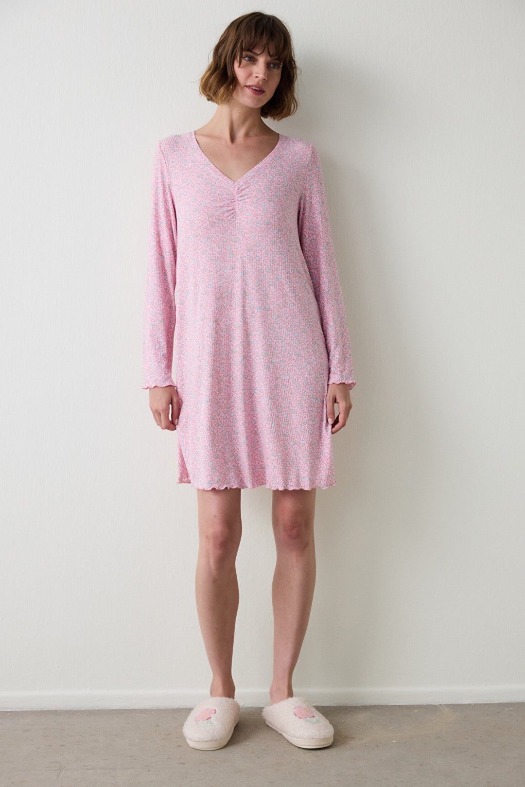 Light Pink Not Today Floral Patterned Crew Neck Long Sleeve Nightgown