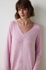 Light Pink Not Today Floral Patterned Crew Neck Long Sleeve Nightgown