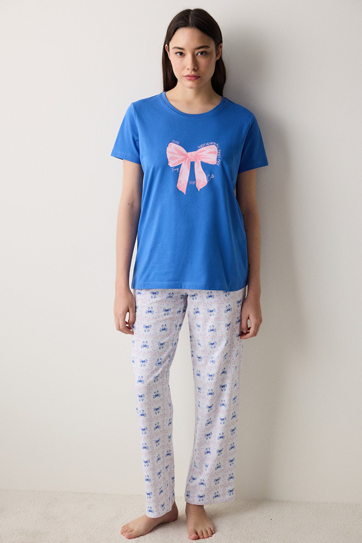 Fancy Bows Pants Blue Pajama Set