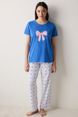Fancy Bows Pants Blue Pajama Set