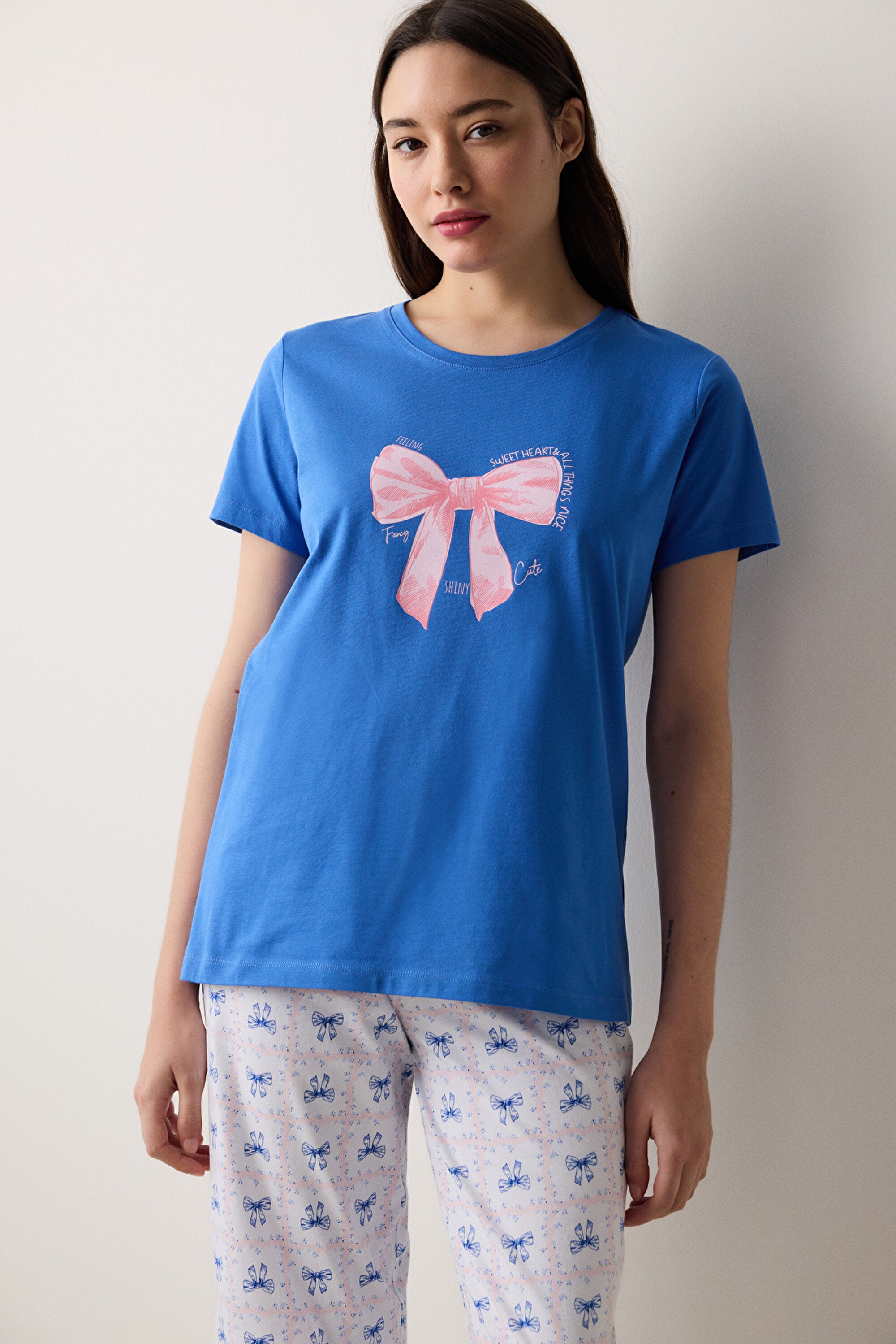 Fancy Bows Pants Blue Pajama Set