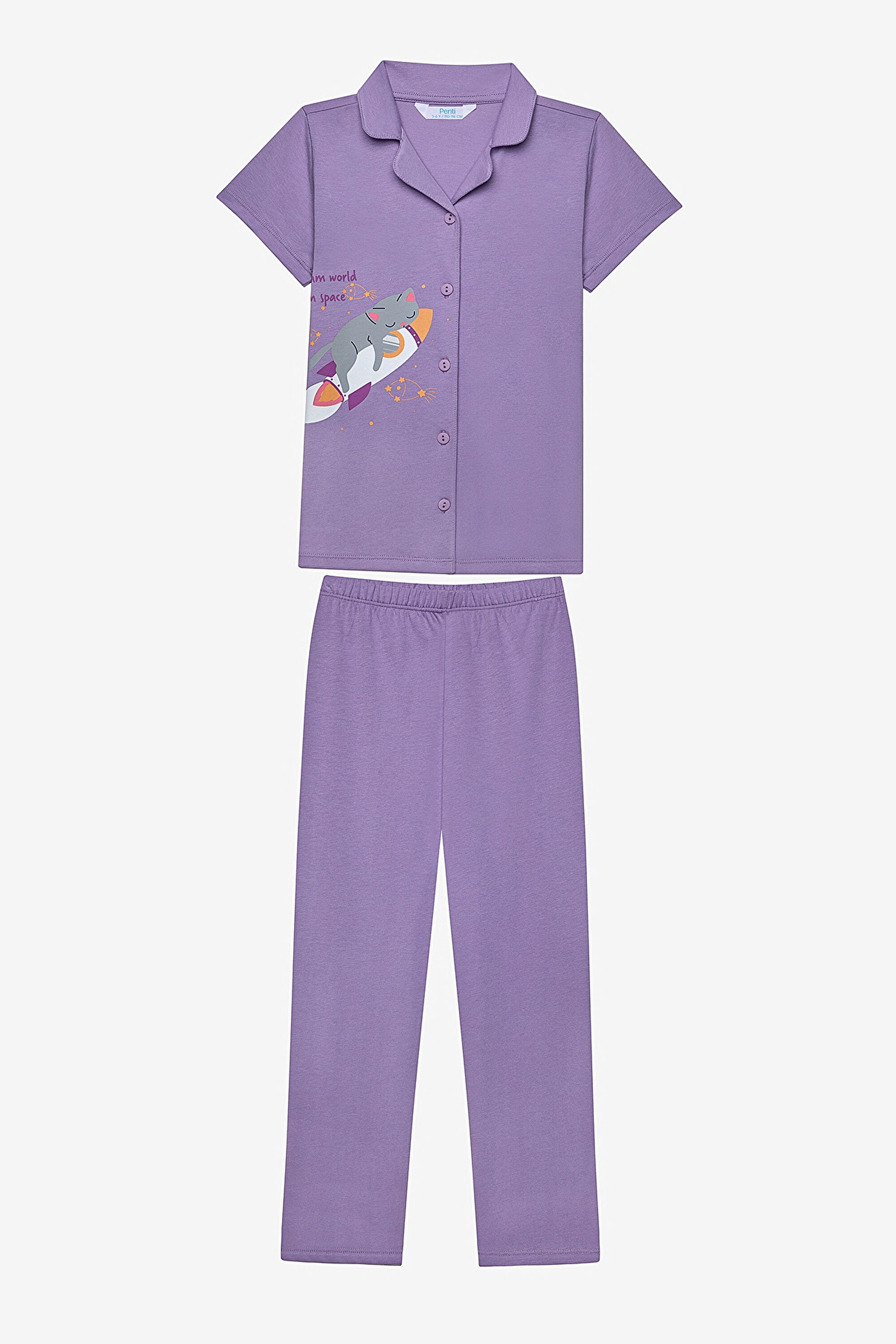 Girl Cat Shirt Lilac Pajama Set