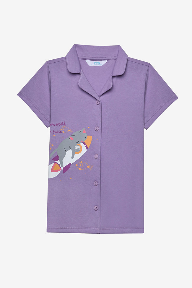 Girl Cat Shirt Lilac Pajama Set Main Image