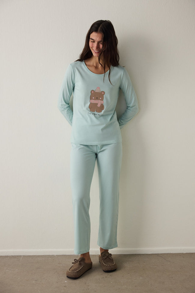 Mint Ent Scarf Crew Neck Long Sleeve Slogan Printed Pajama Set Hover Image