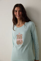 Mint Ent Scarf Crew Neck Long Sleeve Slogan Printed Pajama Set