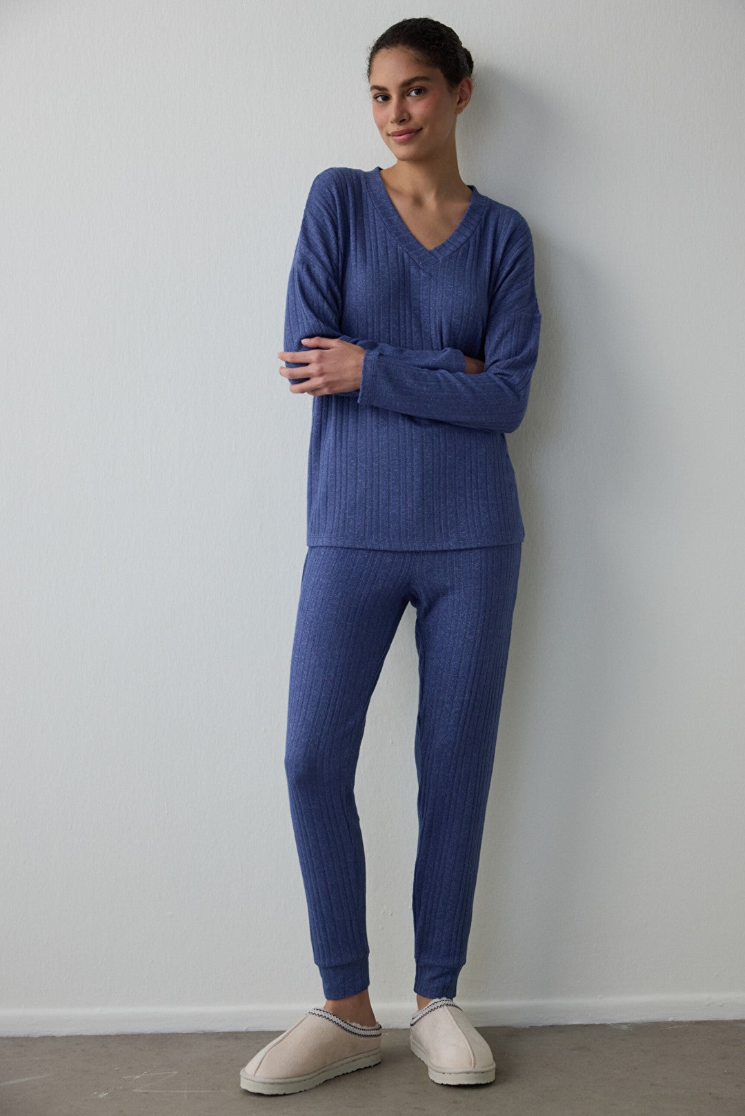 Navy Cozy V-Neck Long Sleeve Pajama Set