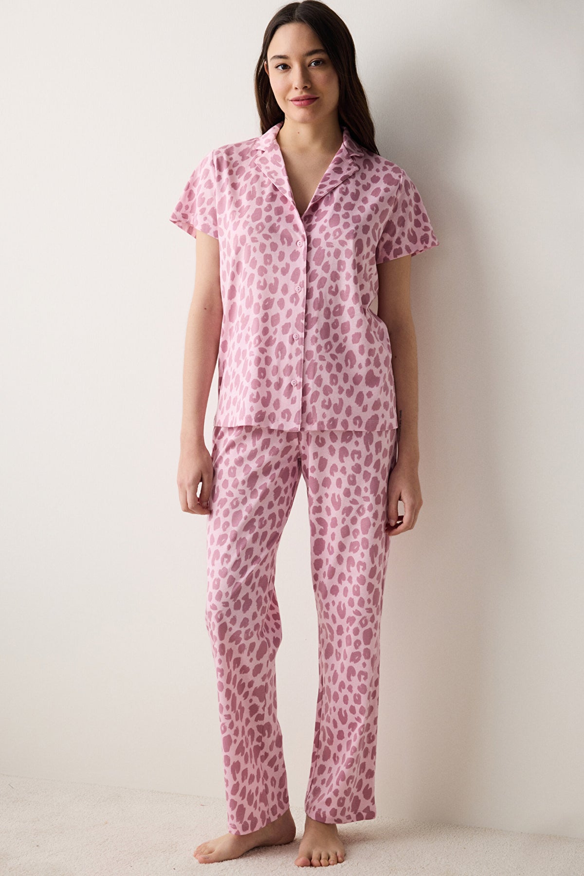 Leopard Shirt Pants Pink Pajama Set