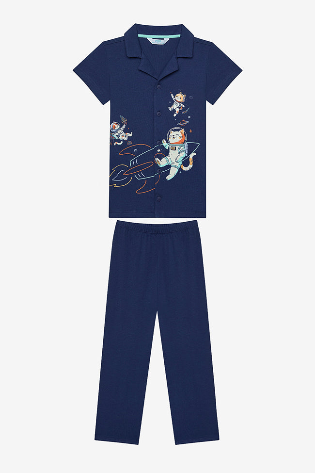 Boy Catstronaut Shirt Dark Blue Pajama Set Hover Image
