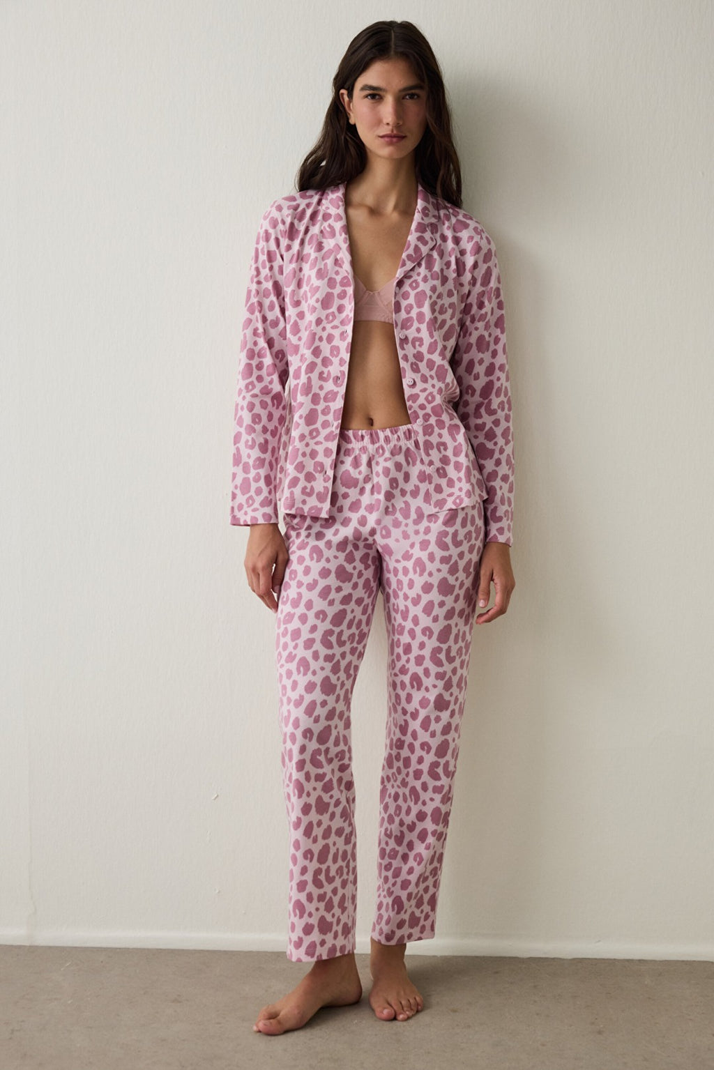 Pink Leopard Print Long-Sleeved Button-Down Collar Cotton Pajama Set