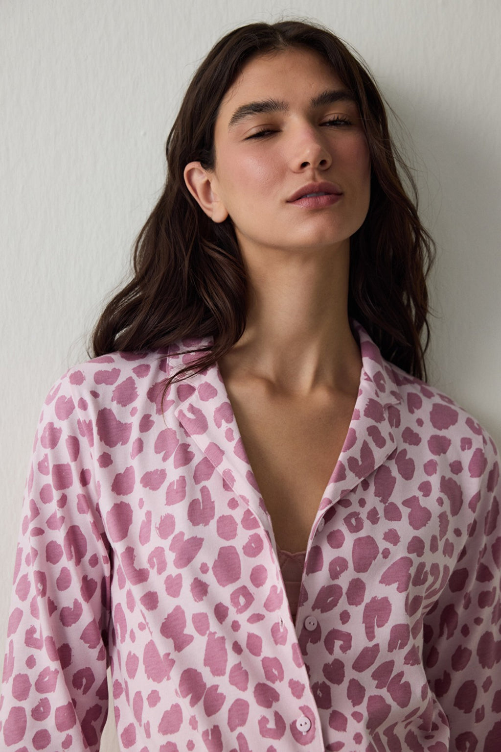 Pink Leopard Print Long-Sleeved Button-Down Collar Cotton Pajama Set