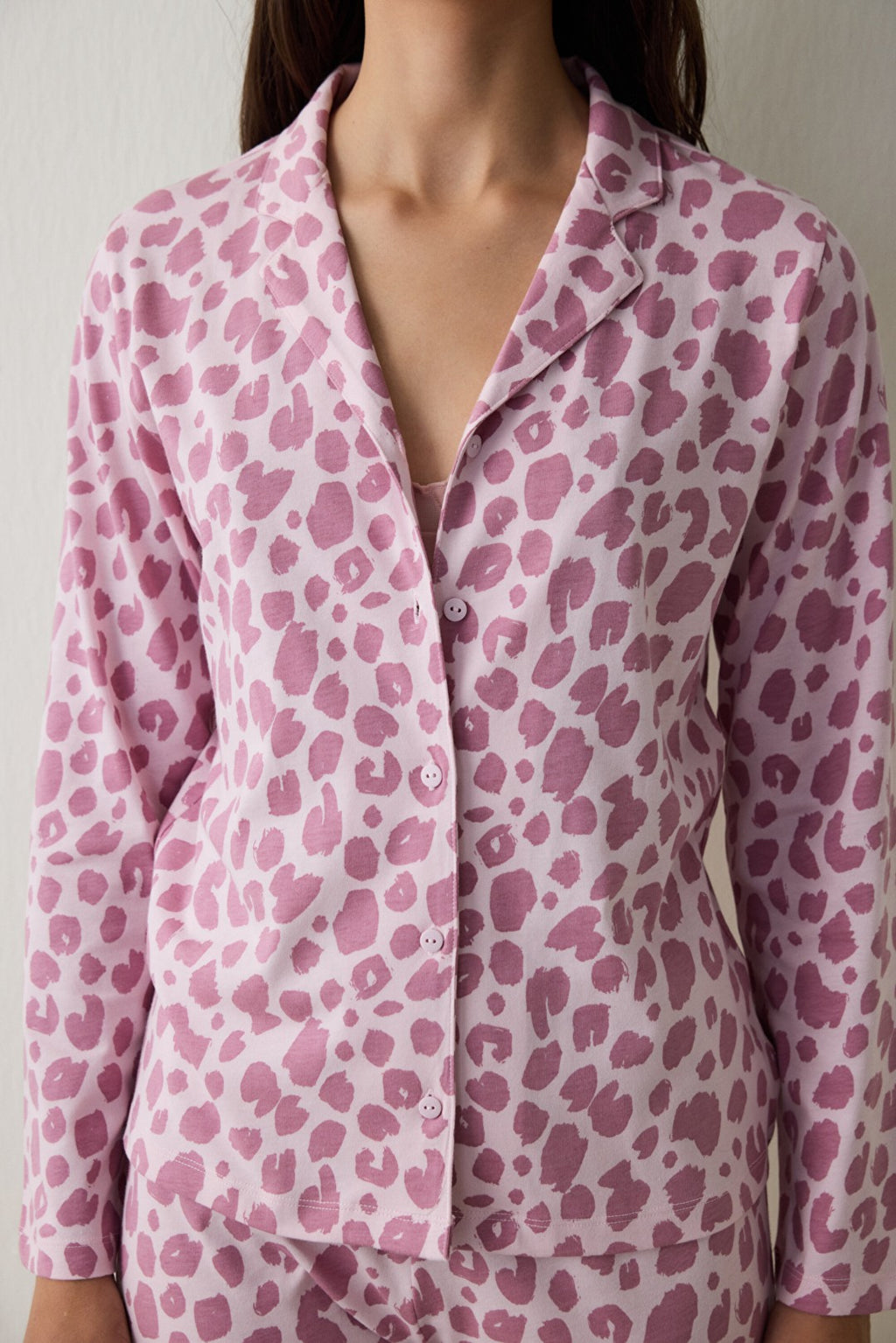 Pink Leopard Print Long-Sleeved Button-Down Collar Cotton Pajama Set