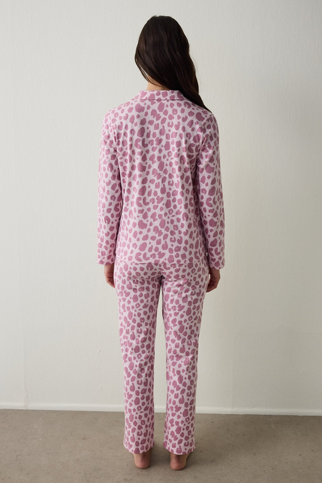 Pink Leopard Print Long-Sleeved Button-Down Collar Cotton Pajama Set