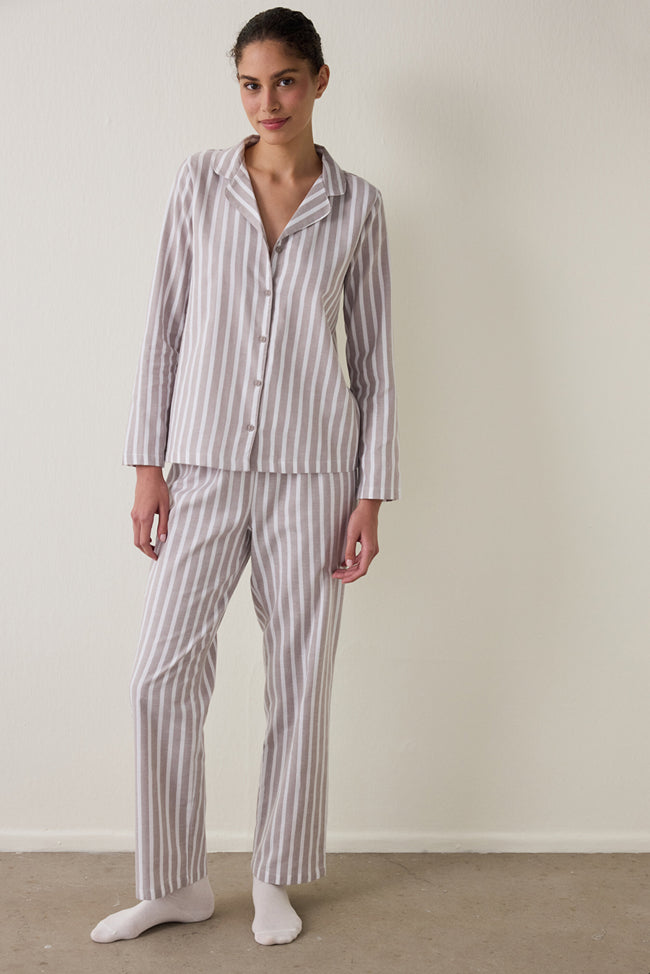Beige Striped Long Sleeve Cotton Shirt Pants Pajama Set Hover Image