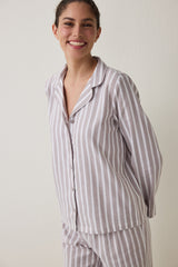 Beige Striped Long Sleeve Cotton Shirt Pants Pajama Set