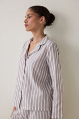 Beige Striped Long Sleeve Cotton Shirt Pants Pajama Set