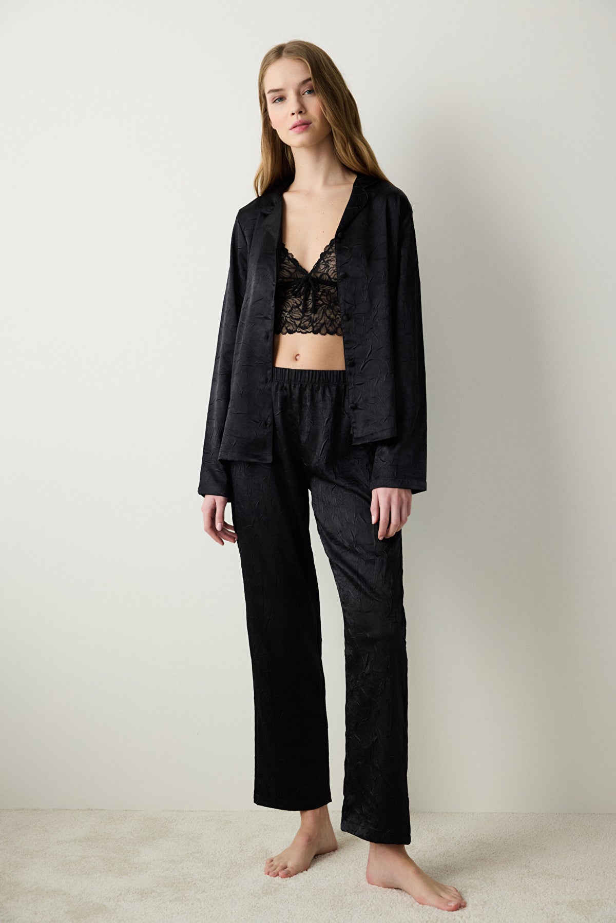 Black Satin Black Shirt Pants Pajama Set