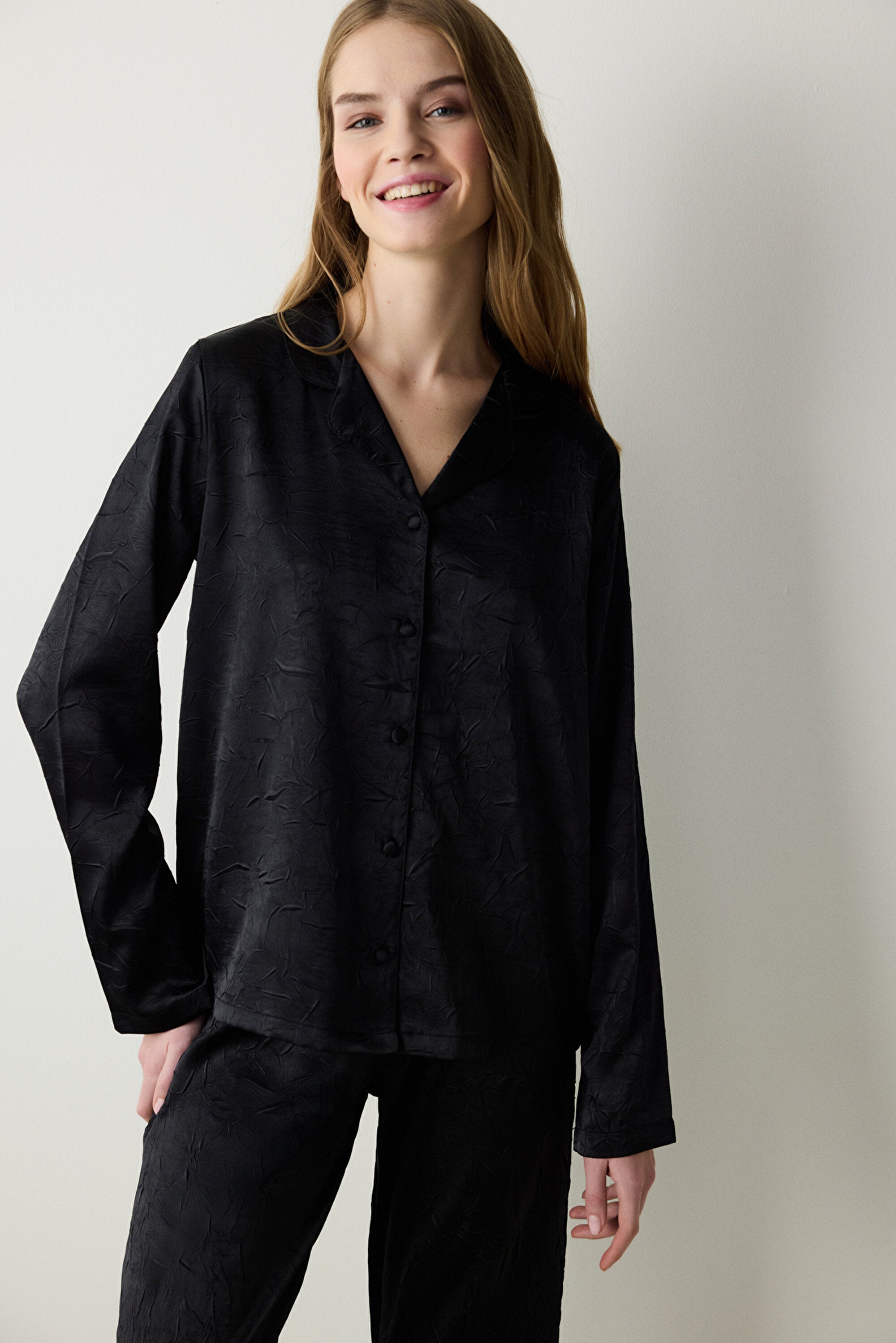Black Satin Black Shirt Pants Pajama Set