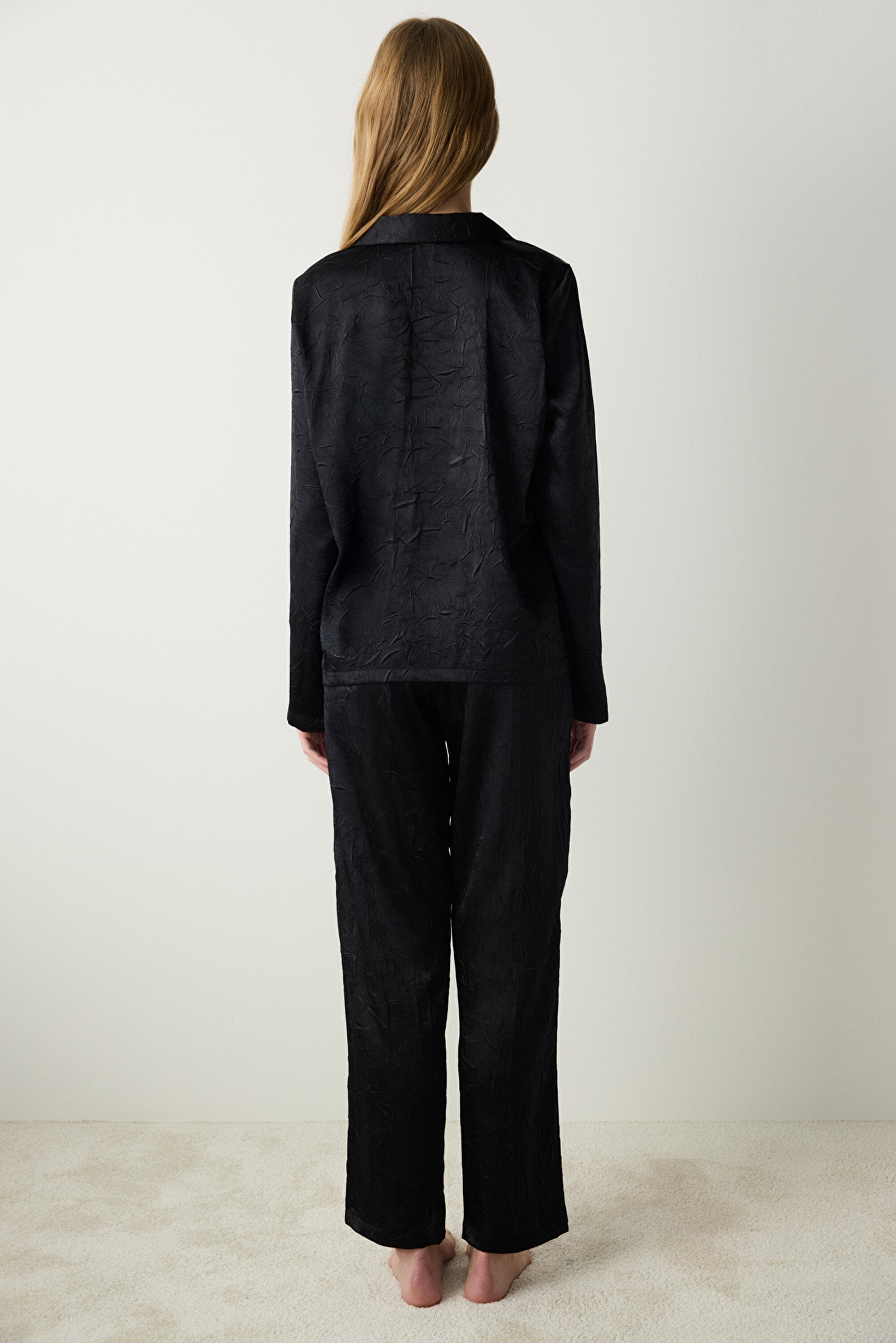 Black Satin Black Shirt Pants Pajama Set